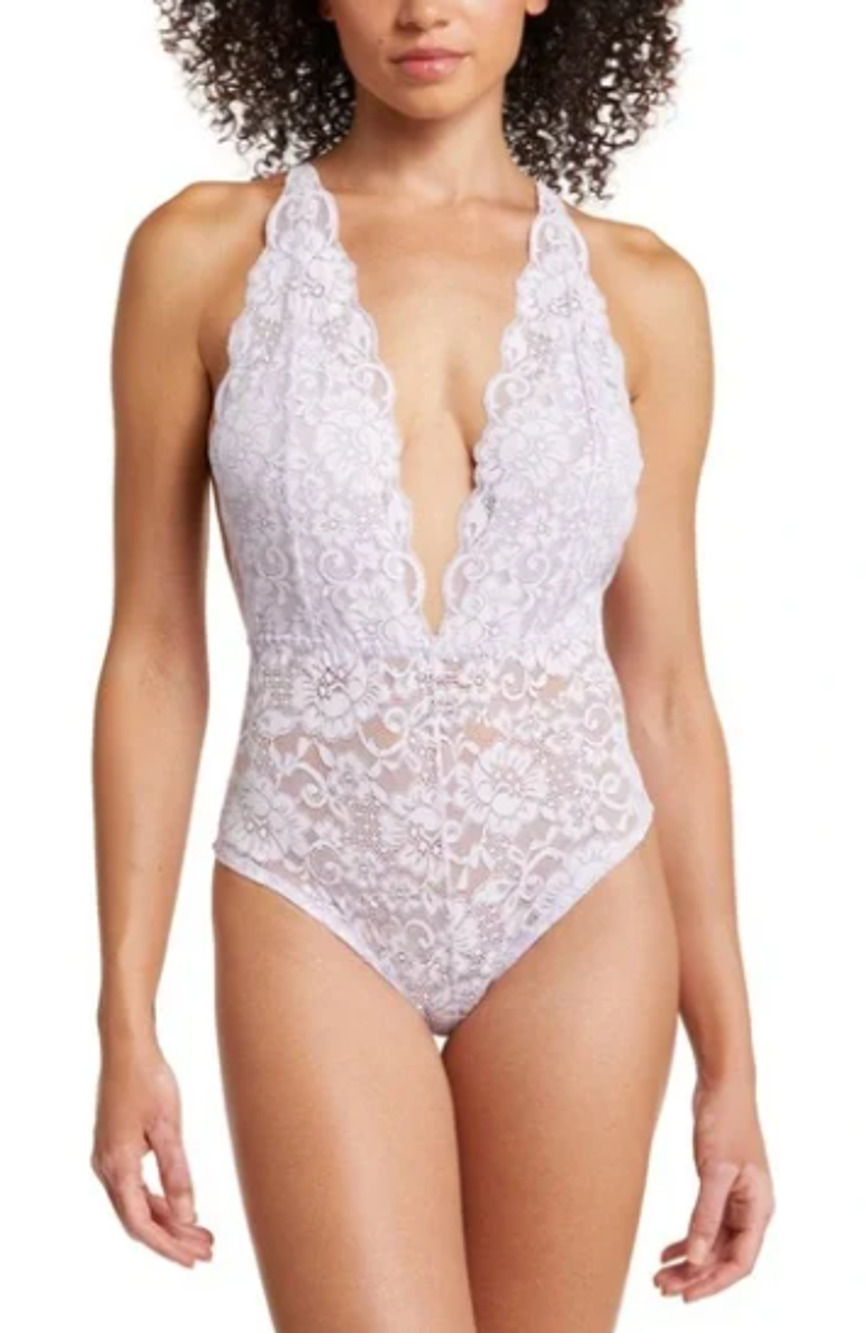 We Are HAH Free People Comin' In Haht Lace Bodysuit in Lavender Pastel Purple, M